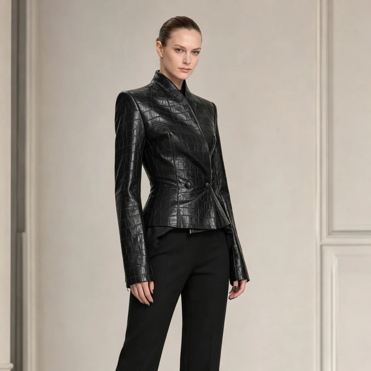 TOKO 2026 New Women V Neck Embossed Faux Leather Jacket Double Button Fitted Waist Long Sleeve Solid Black Slim Short