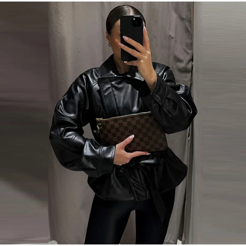 Black Belt Women's Leather Jacket Lapel Full Sleeve Zip-up Lace Up Waist Cinching Cropped Coats 2026 Autumn Street Lady Jackets