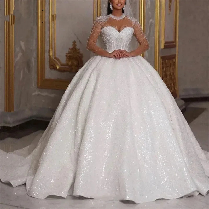 Flavinke Customized Sparkle African Wedding Dresses Ball Gown Glitter Beads Sequin Long Sleeves Sexy Dubai Bride Bridal Gowns