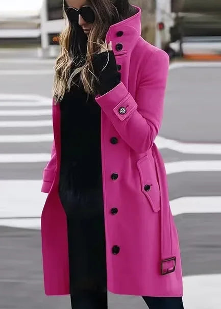 Women Autumn Winter  Wool Coat Blends Overcoat Solid Color Button Turtleneck Long Sleeve Casual Fashion  Winter Coat Regular