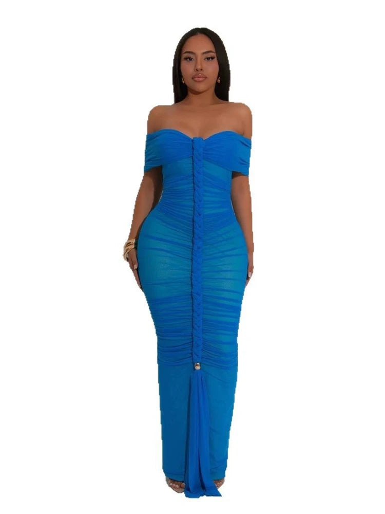 Off The Shoulder Dresses for Woman Transparent Mesh Long Summer Dress Sexy Draped Skinny Dress Evening Wholesale Dropshipping
