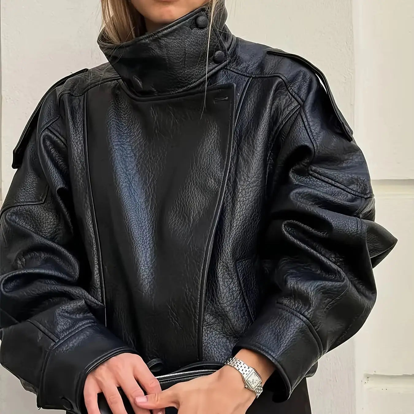 Women's Edgy Oversized Faux Leather Moto Jacket High Collar Asymmetric Zip Biker Coat