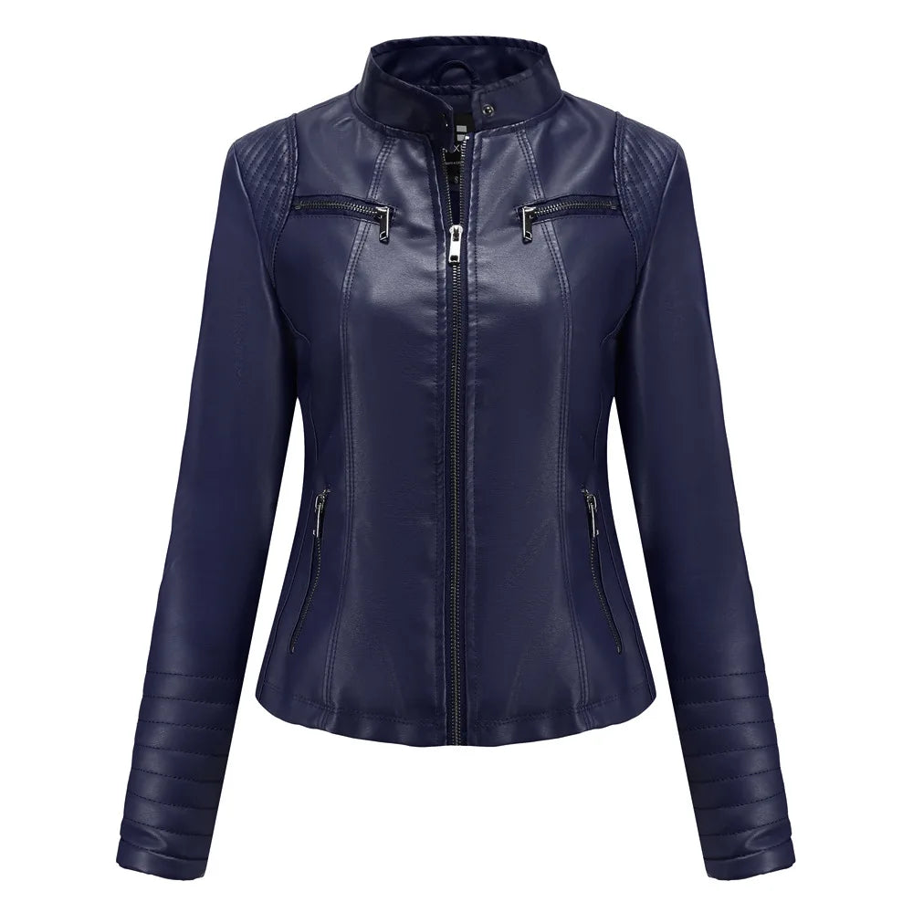 2026 Women's Bright Red V-neck Leather Jacket, Fashion Slim PU Coat, Black Short Outerwear Asia Size XS S M L XL XXL
