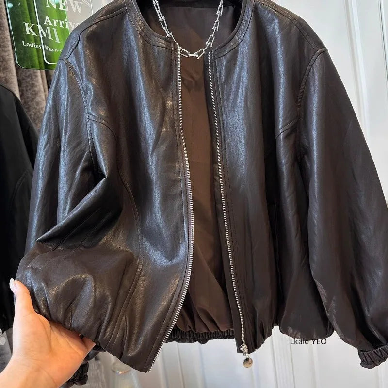 Women's Leather Coat 2026 Spring Autumn Comfortable Loose Slim Female Faux PU Outwear Round Neck Zipper Ladies Short Jacket