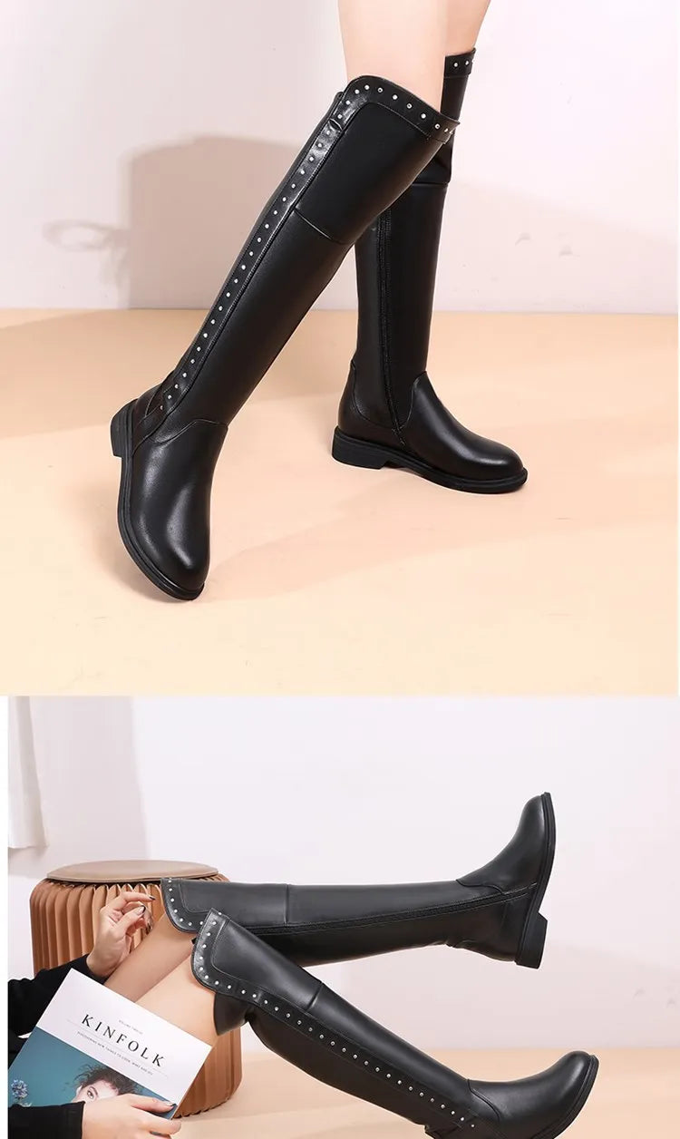 Women Over The Knee Boots Winter Natural Wool Warm Genuine Leather Ladies Knee Boots Large Size Non-slip Snow Boots Women