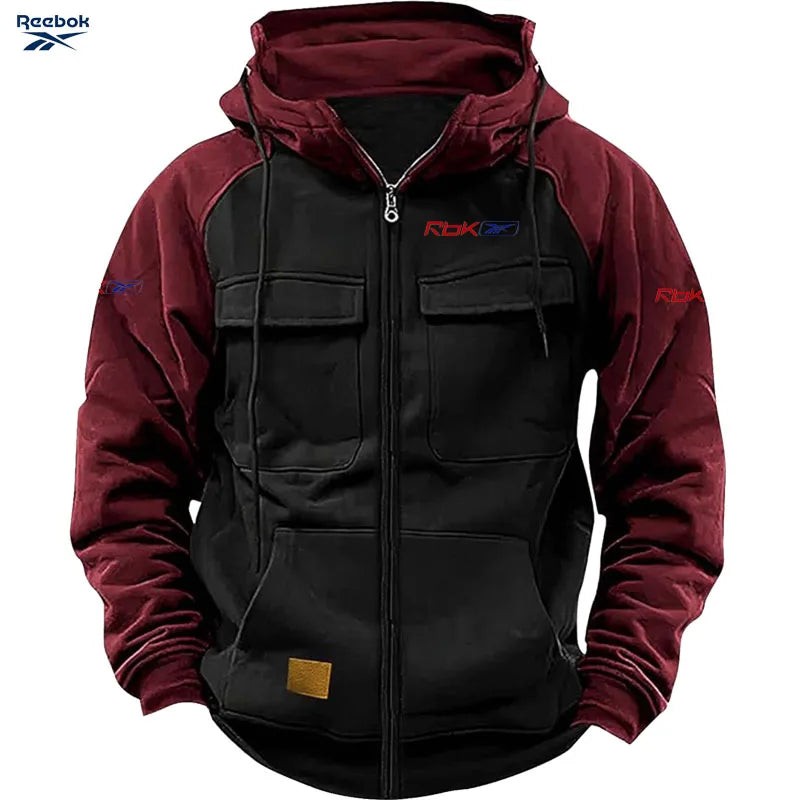 Reebok Men's Zippered Patched Warm Fleece Pullover for Autumn/Winter - Multiple Pockets - Stylish Hooded Jacket - Thick Outdoor