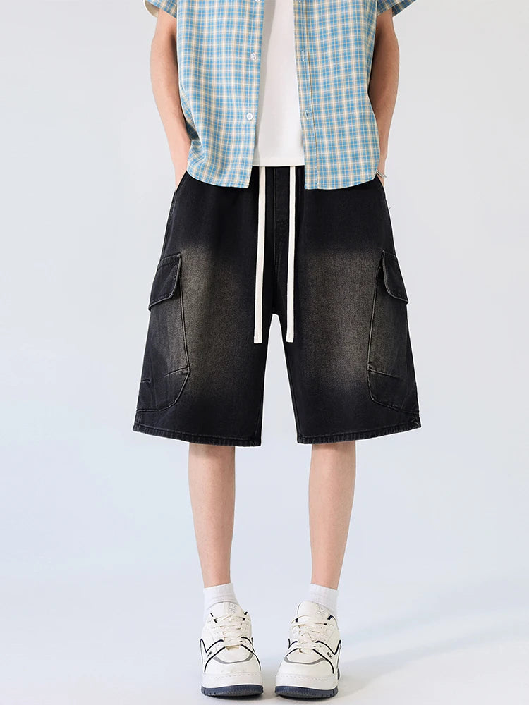 Cargo Shorts Men Summer Baggy Multi-pocket Jeans Straight Drawstring Moto Work Pants Fashion Cotton Black Blue Trousers New