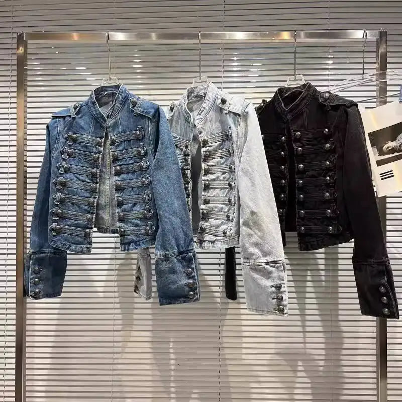 DEAT 2026 Autumn New Fashion Metal Buckle Design Shoulder Strap Denim Short Jacket For Women High Street Coat Female 11A06995
