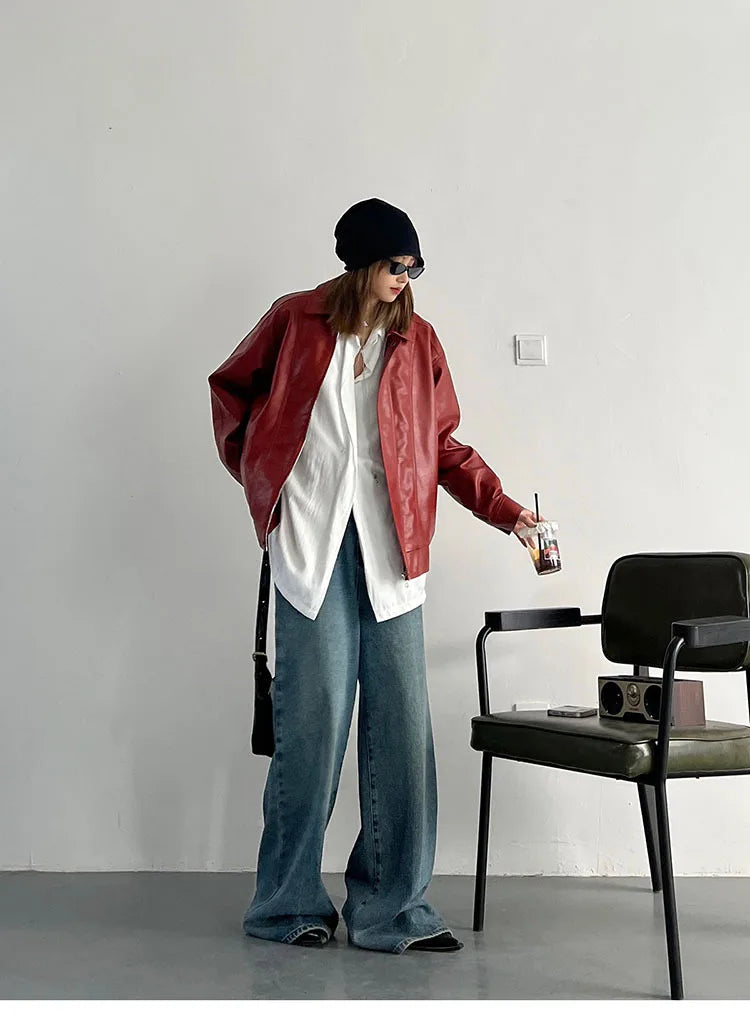Punk Vintage Red Leather Jacket Women Streetwear Moto Biker Zipper Leather Jacket Female Winter High Street Chic Leather Coat