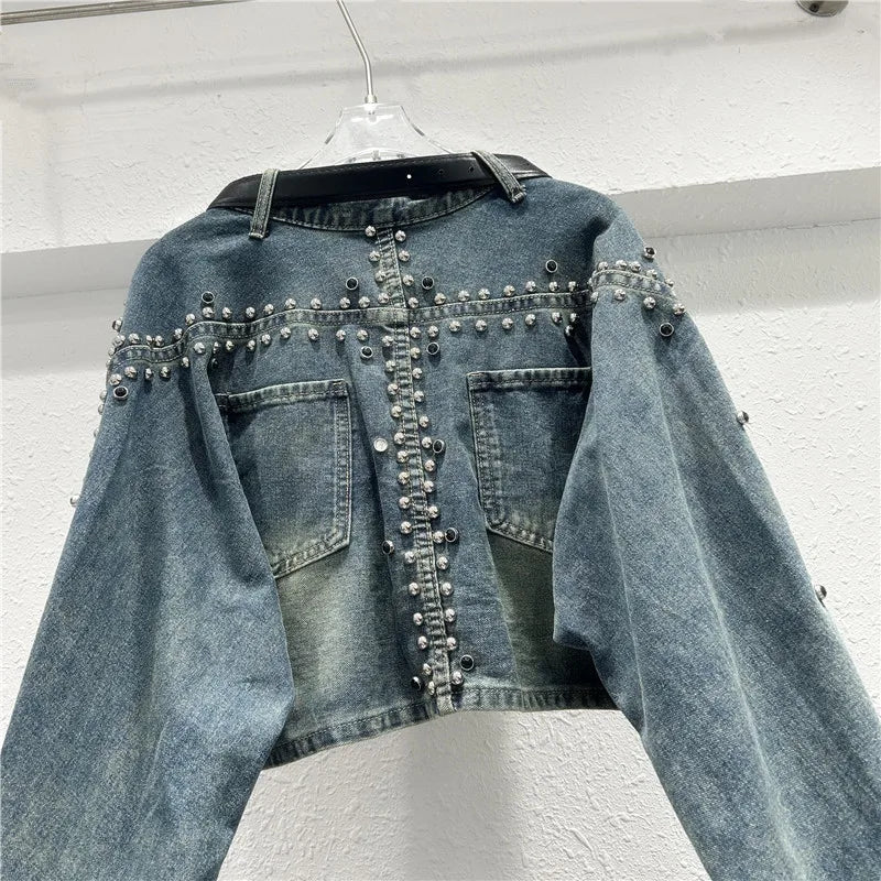 Women Denim Jacket Rivet Short Coat Sashes Pockets Jackets Distressed Streetwear Female Spring 2026 Washed Vintage Outerwear
