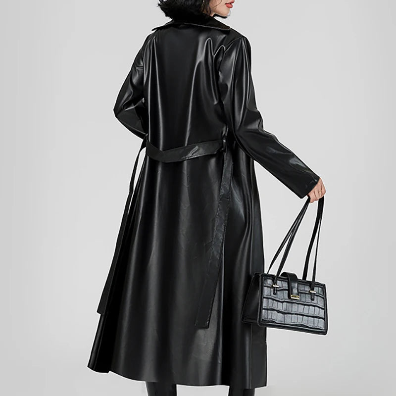 Women's Streetwear Windbreaker Black Tie Up Pu Leather Jackets For Women Fall Winter Windproof Anoraks Trench Coat For Women