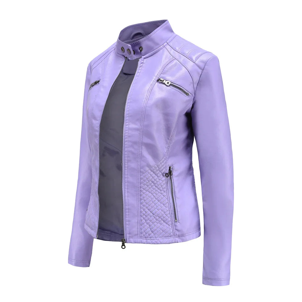 Ladies casual stand-up collar jacket Slim models women's spring and autumn solid color women's leather jacket