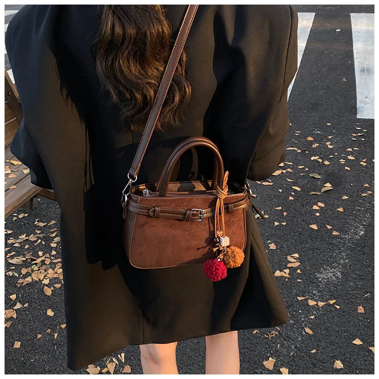 Retro Faux Suede Women's Handbag Fashionable Small Square Bag 2025 Winter Simple Short Handle Single Shoulder Crossbody Bag