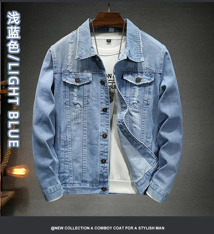 QICHE New Spring Autumn Men Light Blue Slim Denim Jacket Distressed Ripped Casual Outerwear