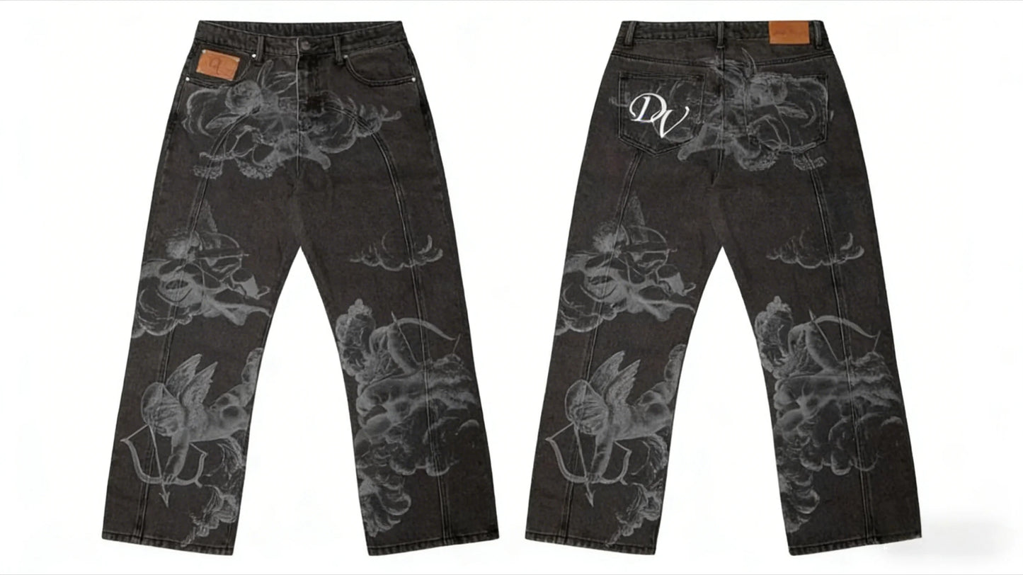 Y2K Black Washed Embroidered High-waisted Oversized Jeans Men European and American Retro Classic Loose Wide-leg Straight Pants
