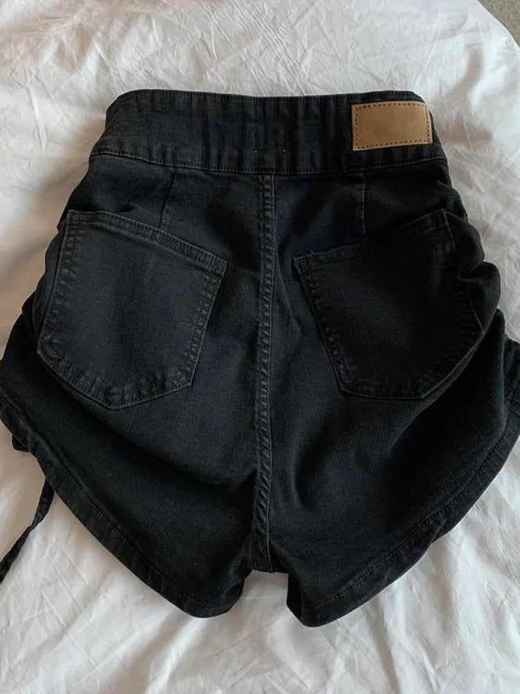Zoki Sexy Shirring Slim Denim Shorts Women Fashion Korean High Waist Casual Shorts Summer Button All Match Harajuku Shorts New