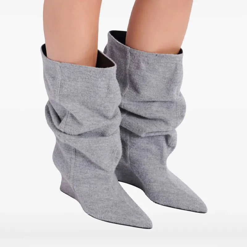 Women's Fashion Pointed Thick Soled Pleated Short Boots, Autumn and Winter Thick Heeled Long Boots, Sexy Runway Women's Boots