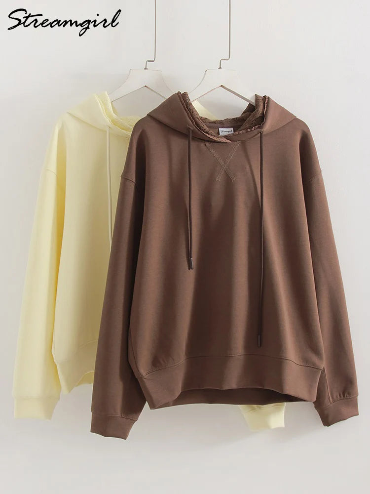 Streamgirl Brown Hoodies With Lace Women Oversize Plain Spring Elegant Butter Yellow Hooded Sweatshirts For Women Oversized
