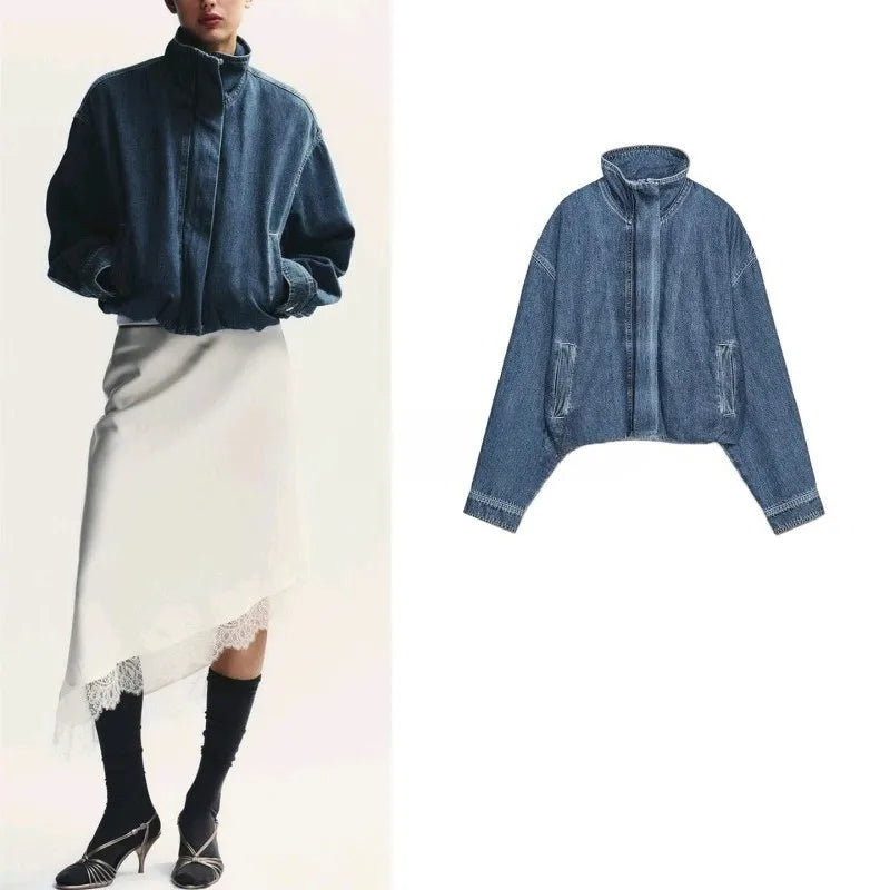 Vintage Washed Denim Zip Up Jacket High Collar Relaxed Fit Slant Pockets Women Streetwear Short Jean Coat Valentine Gift 260602
