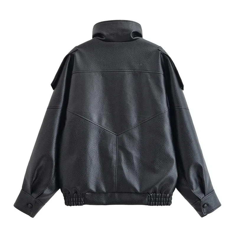 Women's 2026 Autumn New Classic Commuter Style Black Long Sleeve Pebble Faux Leather Motorcycle Fashion Jacket