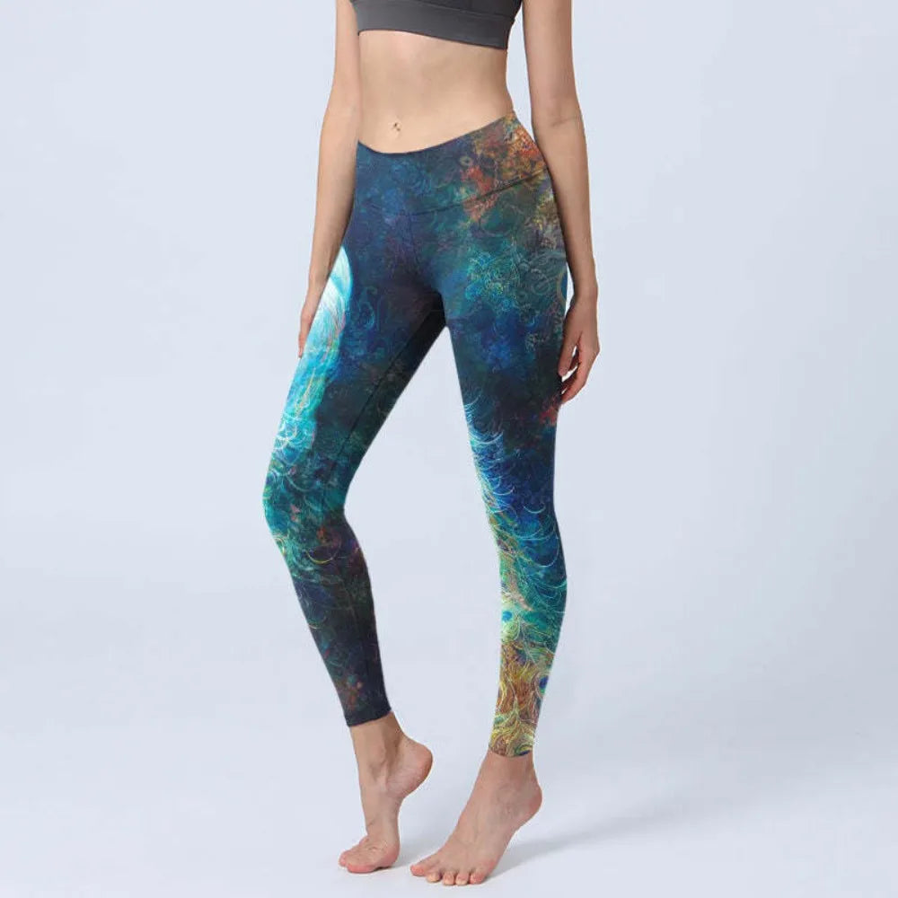 Women High Waisted Yoga Pants Tummy Control Leggings Floral Butterfly Landscape Printed Workout Gym Fitness Running Tight Pants