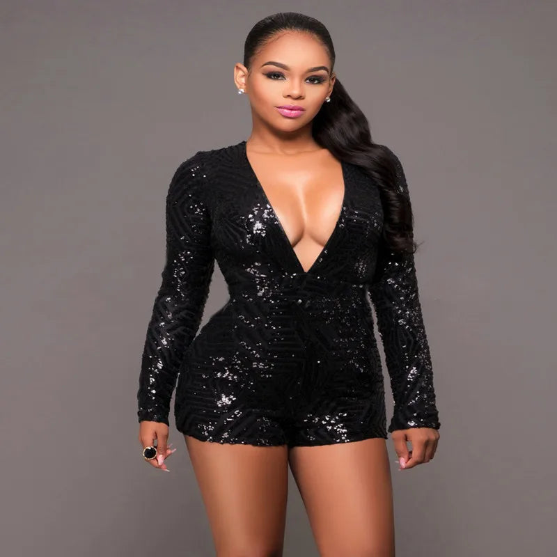 Two-Piece Short Pants Suit with Deep V-Neck Backless Long Sleeve Zipper Sexy One-Piece Pants Polyester Geometric Bright Sequins