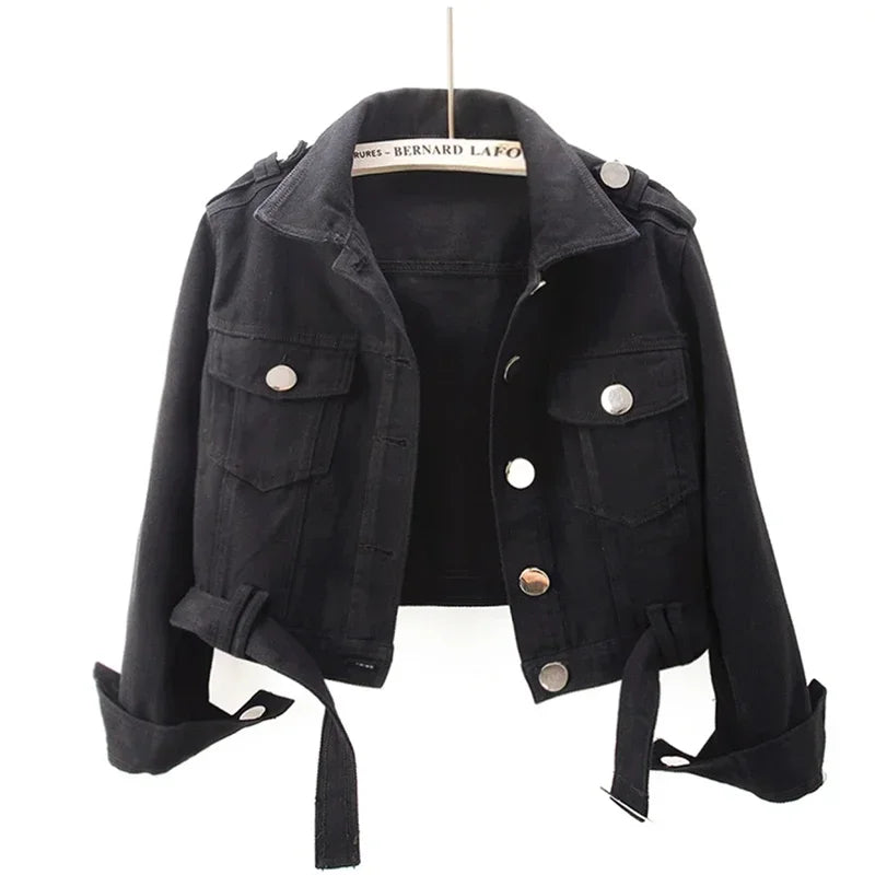 Spring Vintage Army Green Black Khaki Denim Jacket Women Hem Belt Big Pocket Cowboy Outerwear Loose Short Jeans Jackets Female