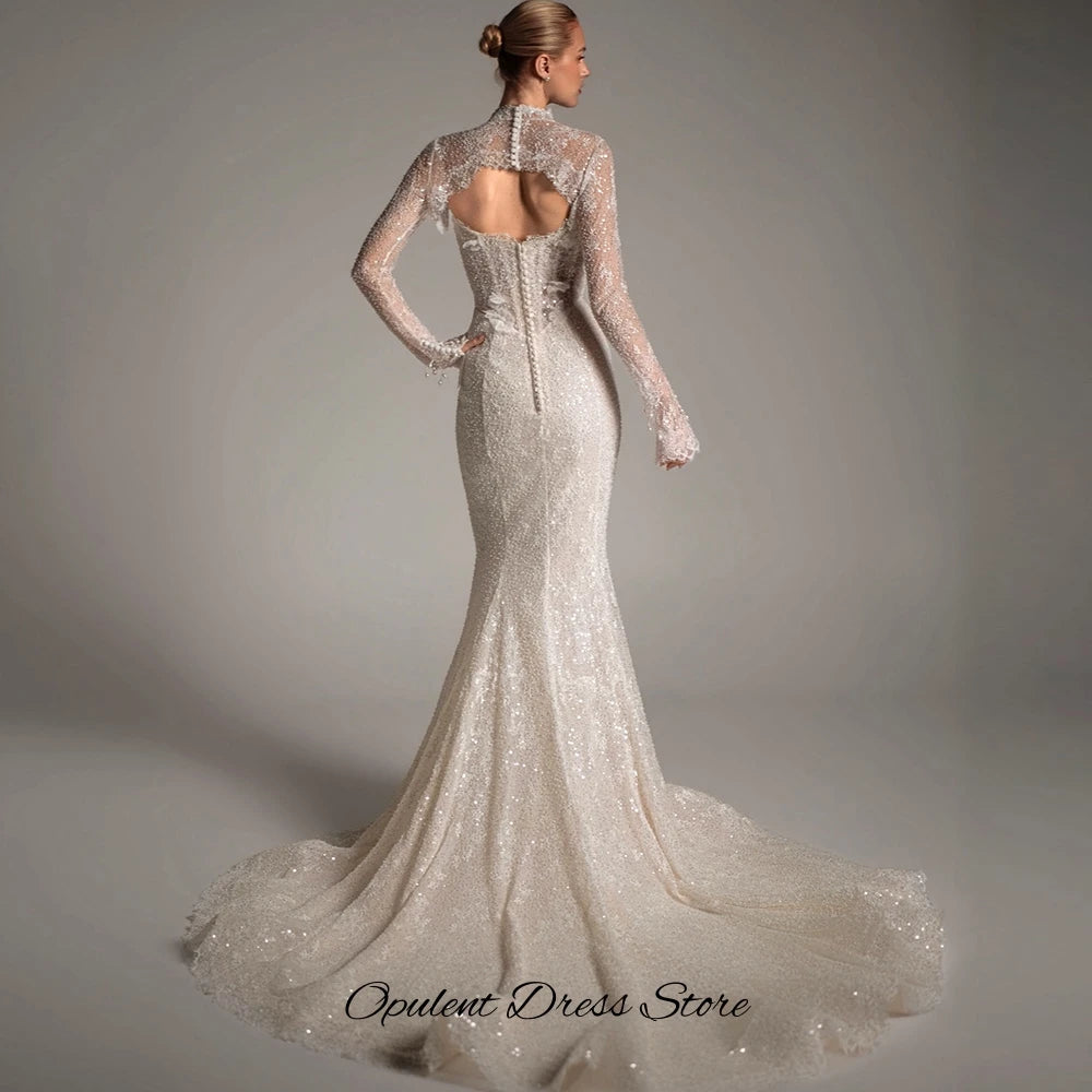 Luxury Appliques Lace Customized Vestido De Novia Classic Long Sleeves High Collar Wedding Dress Mermaid Backless Bridal Gowns