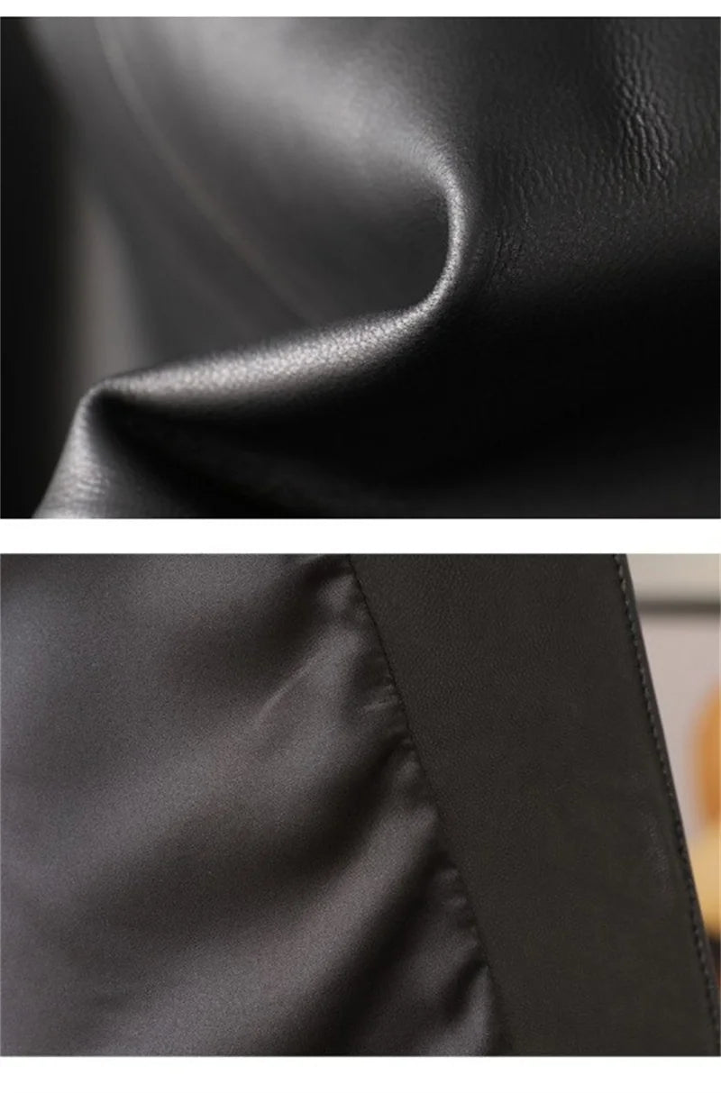 Orange Black Leather Jacket Spring Autumn Coat 2026 New Women's Leather Coat Round Neck Lantern Sleeves PU Leather Outerwear