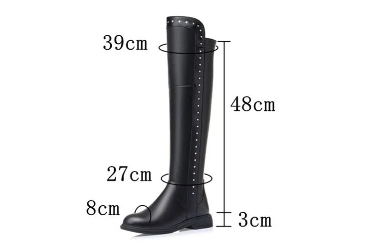 Women Over The Knee Boots Winter Natural Wool Warm Genuine Leather Ladies Knee Boots Large Size Non-slip Snow Boots Women