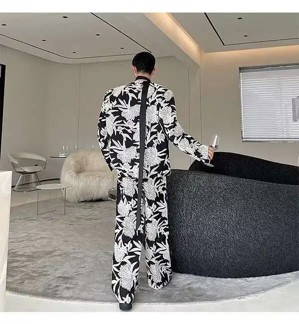 IEFB Niche Design Men's Two-piece Collarless Embroidery Blazer Loose Straight Suit Pants Contrast Color Male Sets New 9C7485