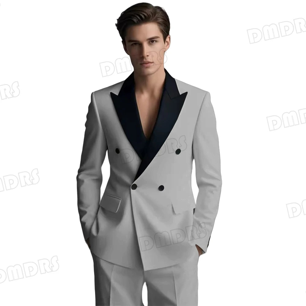Slim Fitting White Suit Set for Men, Black Collar, 2 Pieces Formal Suits, Wedding Tuxedo, Customized Colors Blazer and Pant Set