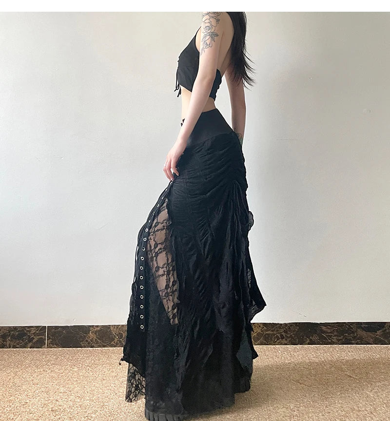 Gothic Long Skirt Bandage Lace Mesh Patchwork High Waist A Line Drawstring Split Black Skirt Irregular Aesthetic Female Fashion