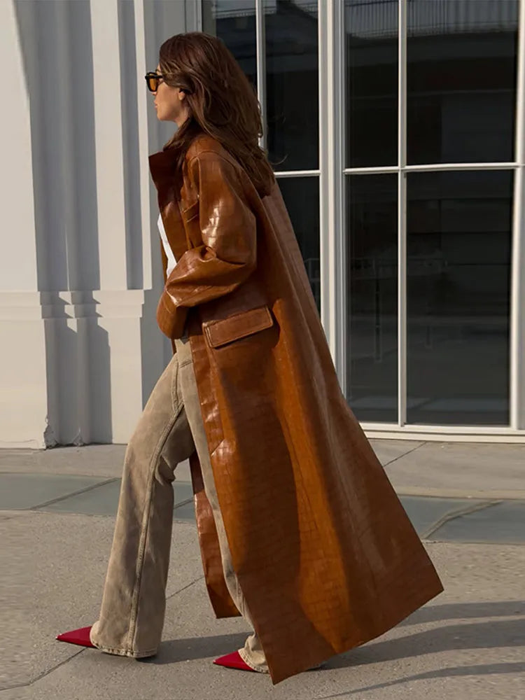 Fashion Croc Pattern PU Leather Women's Jacket Stand Collar Oversize Long Sleeve Chic Coat  2026 Autumn Winter New Daily Wear