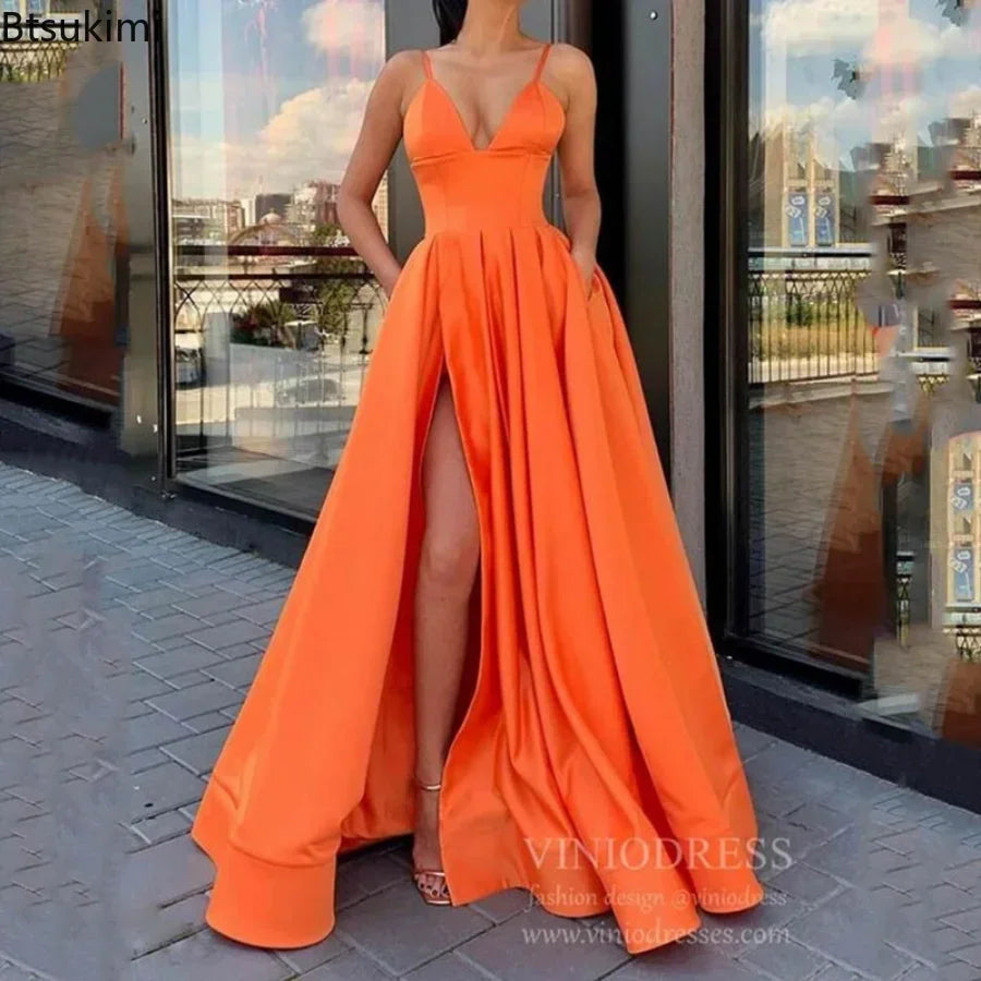 2026 Women's Wedding Party Evening Dresses Solid Elegant Side Slit A-Line Satin Sleeveless Straps Maxi Dress Sexy Banquet Gown