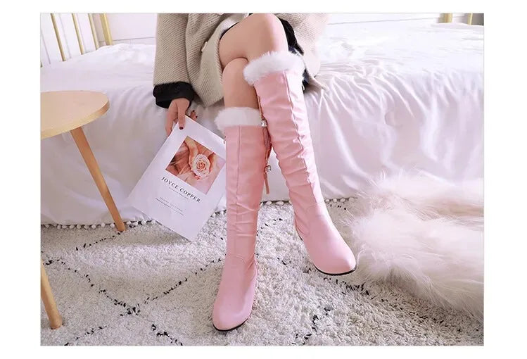 Winter Warm Knee High Boots Women Platform Wedges High Heels Snow Boots Slip on Winter Ladies Shoes White Black Pink 2025
