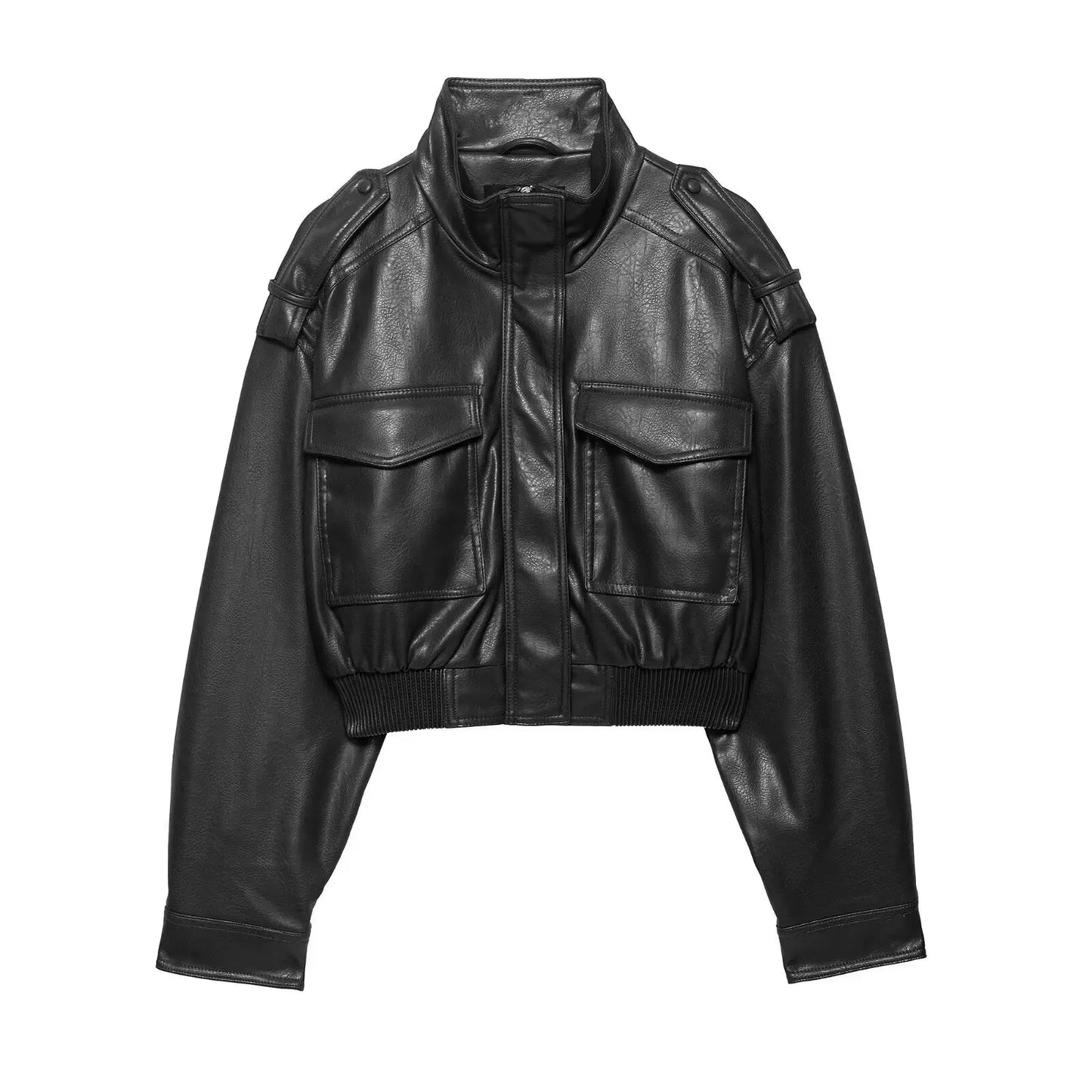 HH Women Faux Leather Cropped Jacket vintage Bomber Jackets With Pockets Long Sleeve Coats Zipper Overcoat Jacket For Woman