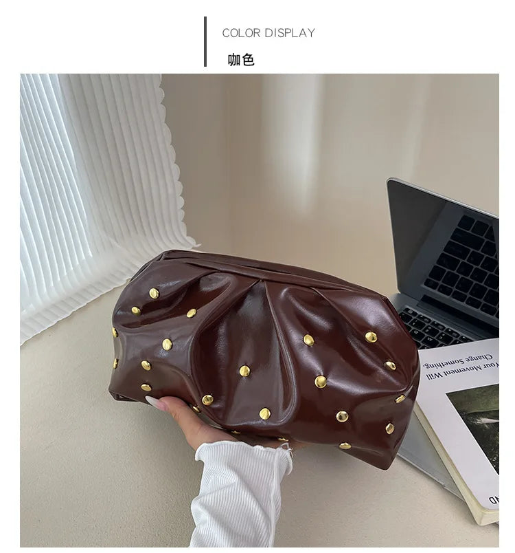 Simple Versatile Clip Evening Handbags for Women Solid Color Rivet Pleated Design Ladies Clutch Female Soft Pu Leather Purse