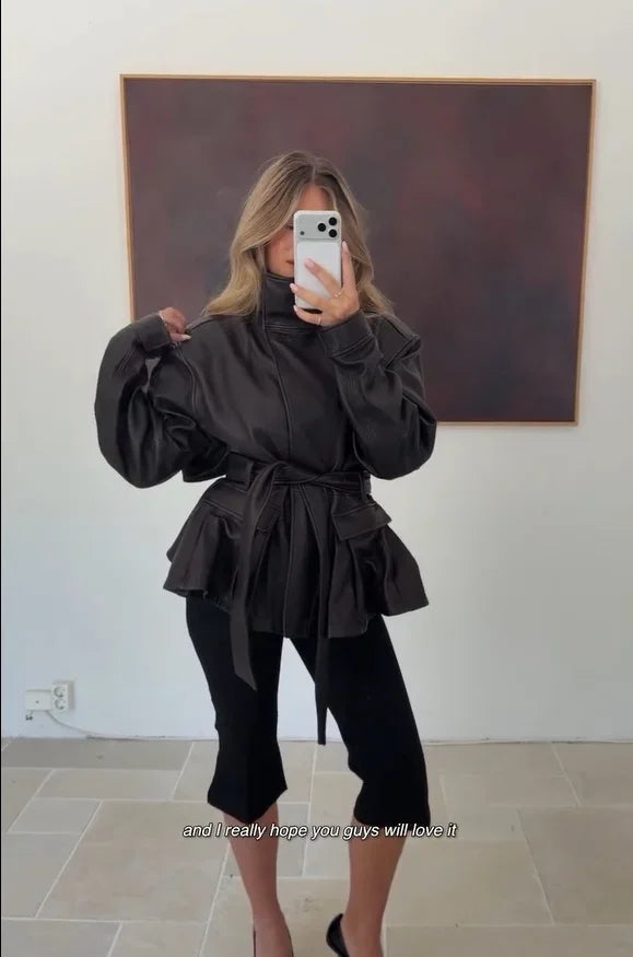 Women's Black Belted Faux Leather Jacket High Neck Long Sleeve Waist Belt Autumn Winter Peplum Jackets 2026 Street Outerwear