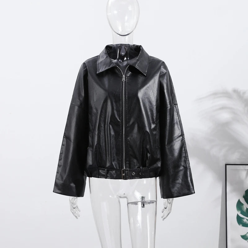 Casual Lapel Zipper Waist Belt Short Leather Jacket 2026 Women Loose Solid Pocket Pu Coat Autumn Lady Daily Highstreet Jackets