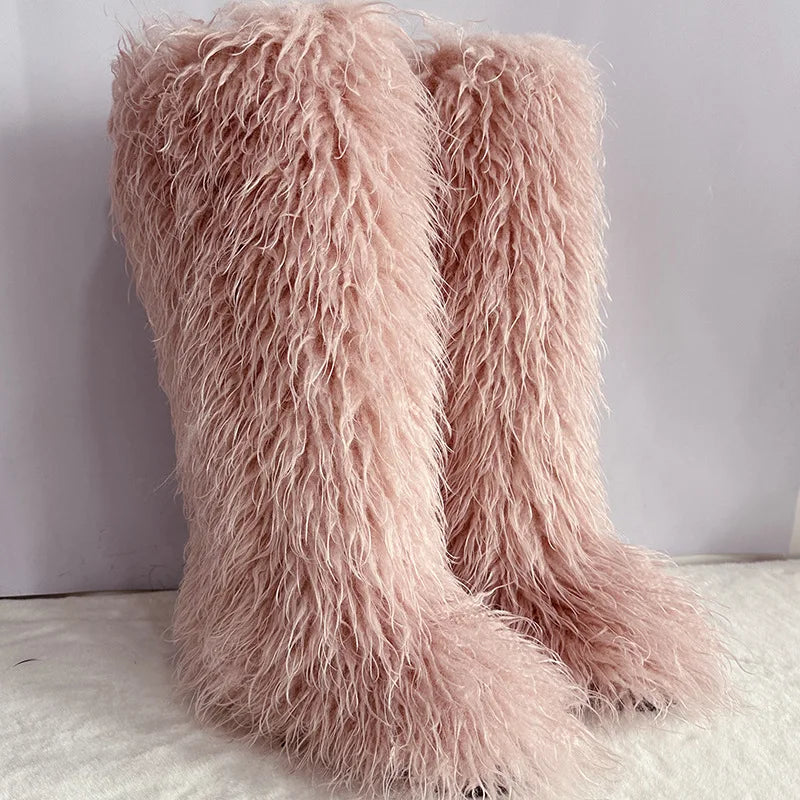 New Over The Knee Fur Boots Women Warm 72CM Long Faux Mongolian Fur Snow Boots Winter Luxury Fluffy Shoes Plush Platform Shoes