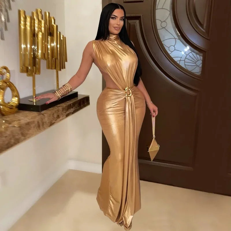 GUWU Women Gilding Sleeveless Cut Out Bodycon Midi Maxi Long Dress 2025 Summer Beach Vacation Sexy Party Birthday Dresses