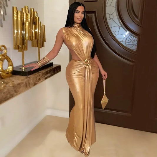 GUWU Women Gilding Sleeveless Cut Out Bodycon Midi Maxi Long Dress 2025 Summer Beach Vacation Sexy Party Birthday Dresses