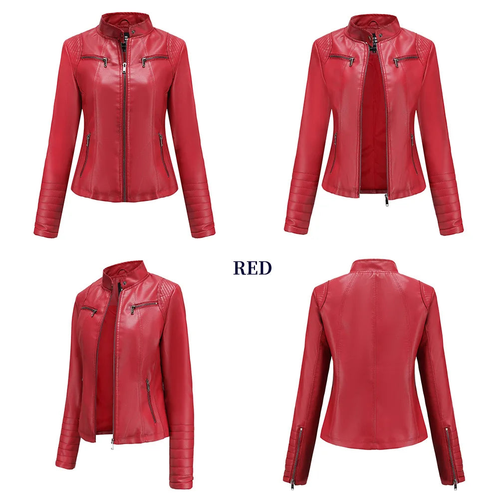 2026 New Women's Slim Leather Jacket, Stand-up Collar, Zipper Stitching, Monochromatic PU Coat, Fashion Clothing.