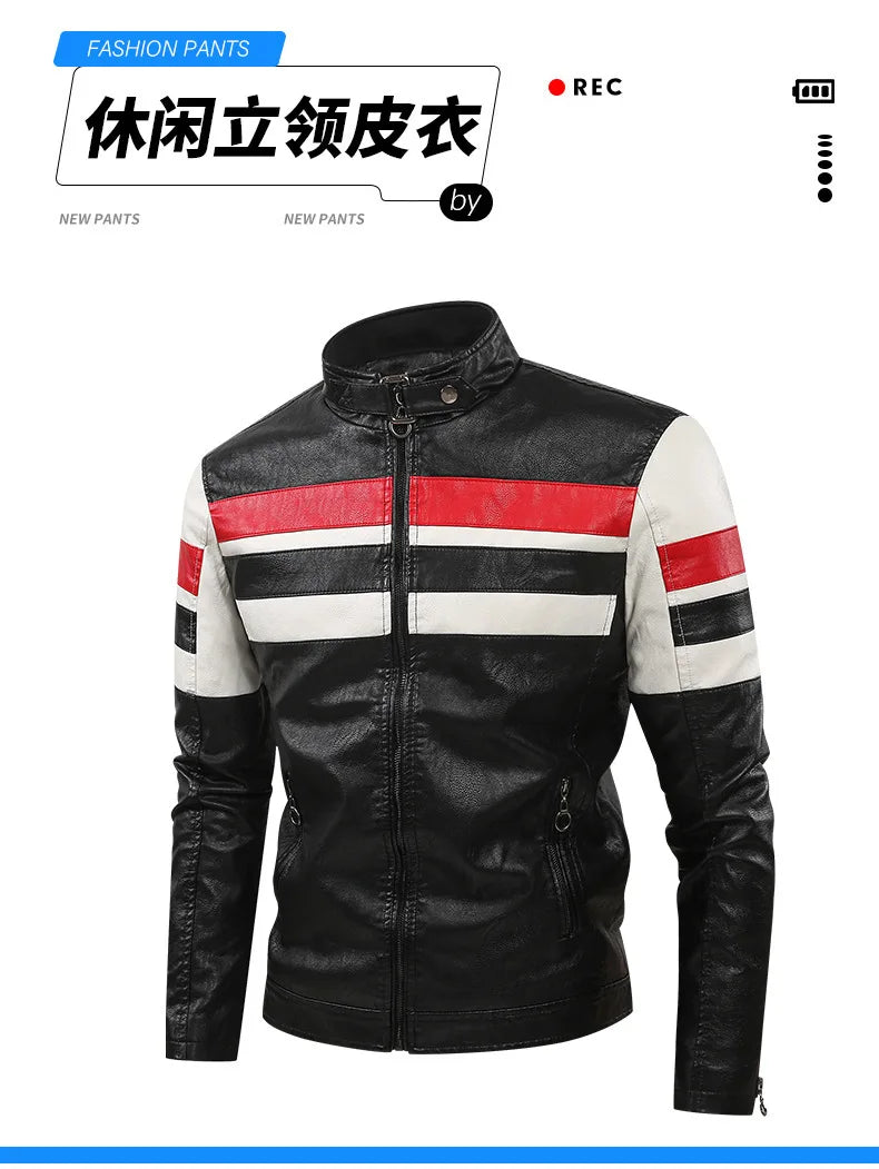 White and Red Patchwork Men's PU Jacket, Stylish Vintage Biker Faux Leather Coat, Available in Black or Brown.