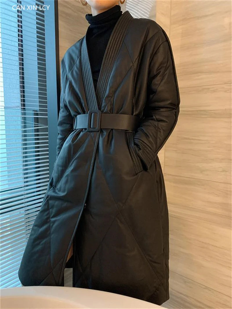 High End Leather Jacket New Women Autumn Winter Long PU Leather Windbreaker With Belt Female Down Cotton Coat Thick Warm Parkas
