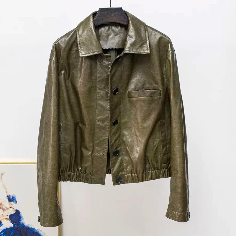 Advanced Oil Wax Leather Jacket for Women Autumn Winter Female 100% Lambskin Square Neck Elastic Waist  Loose Coat Vestes Femmes