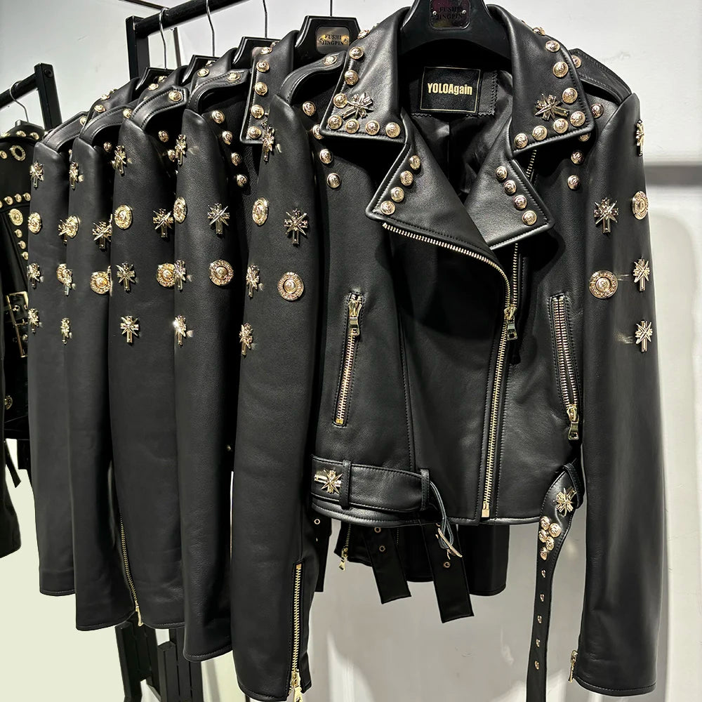Women Stylish Gold Rivet Real Leather Jacket High Glossy Genuine Leather Asymmetrical Zip Biker Jacket