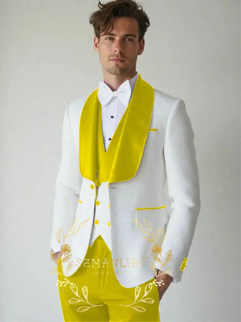 White Floral Wedding Men's 3-piece Suit Set (Jacket Pants Vest) Groom Tuxedo Formal Blazer Elegant Groomsmen Suit for Men