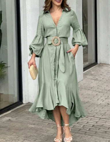 Elegant Dresses for Women Fashion Solid Lantern Sleeve Ruffle Hem Pocket Design Belt Maxi Dress Office Ladies Temperament Dress